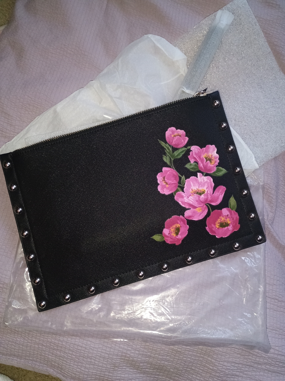 White House Black Market Black Floral Stud Zip Clutch with Pink Blooms